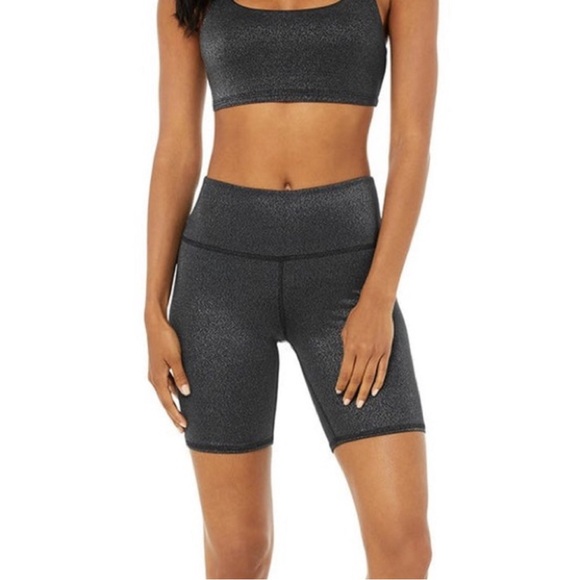 Alo Yoga High Waist Glitter Biker Short Black/Silver Size XS - Picture 2 of 12